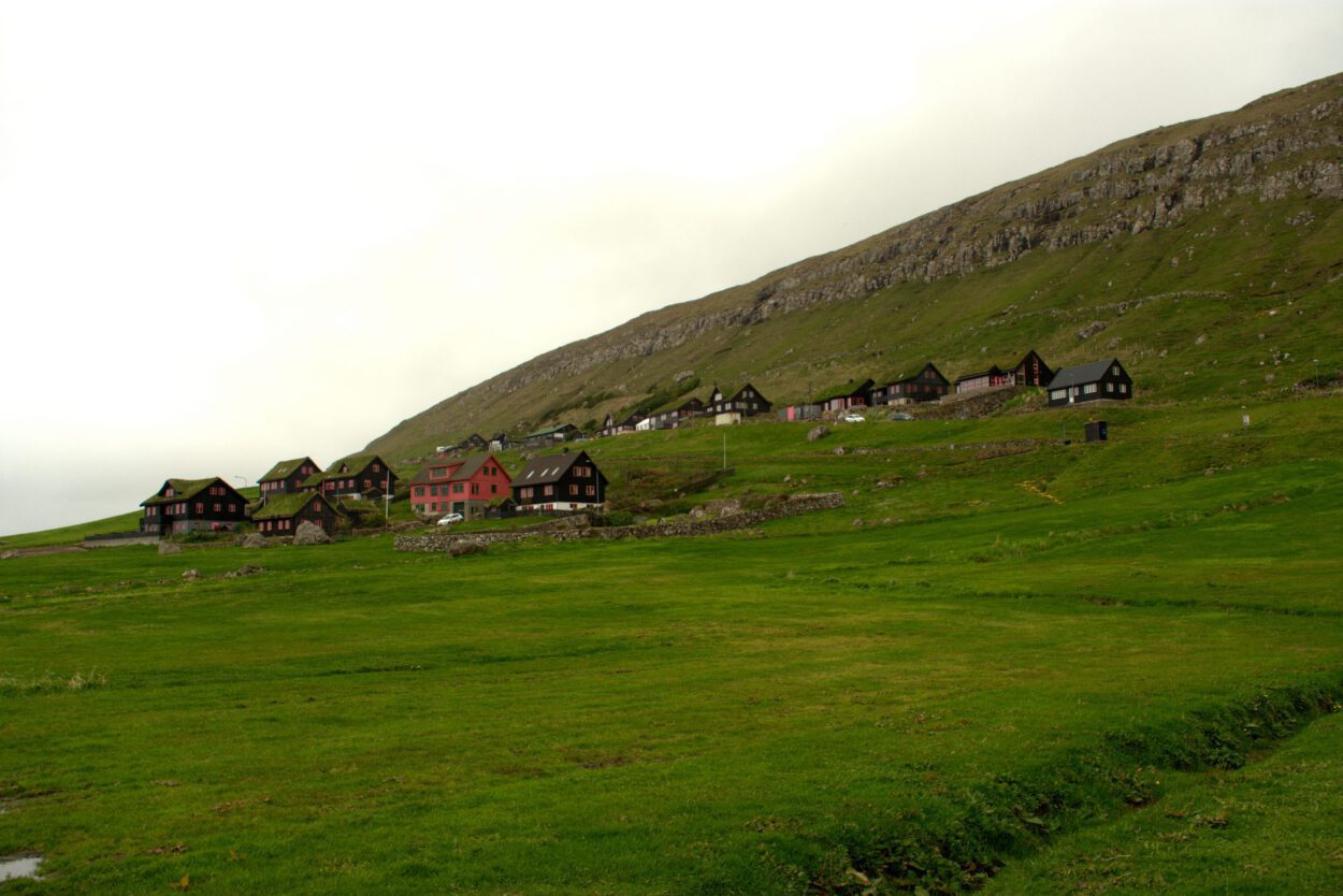 Ein grüner Hügel mit Häusern darauf.