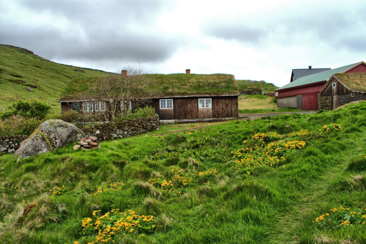 Ein kleines Haus mit Grasdach am Hang.