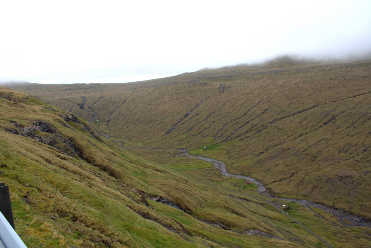 Ein Zug fährt einen Hügel hinunter mit Blick auf ein Tal.