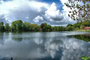 Ein See in einem Waldgebiet.