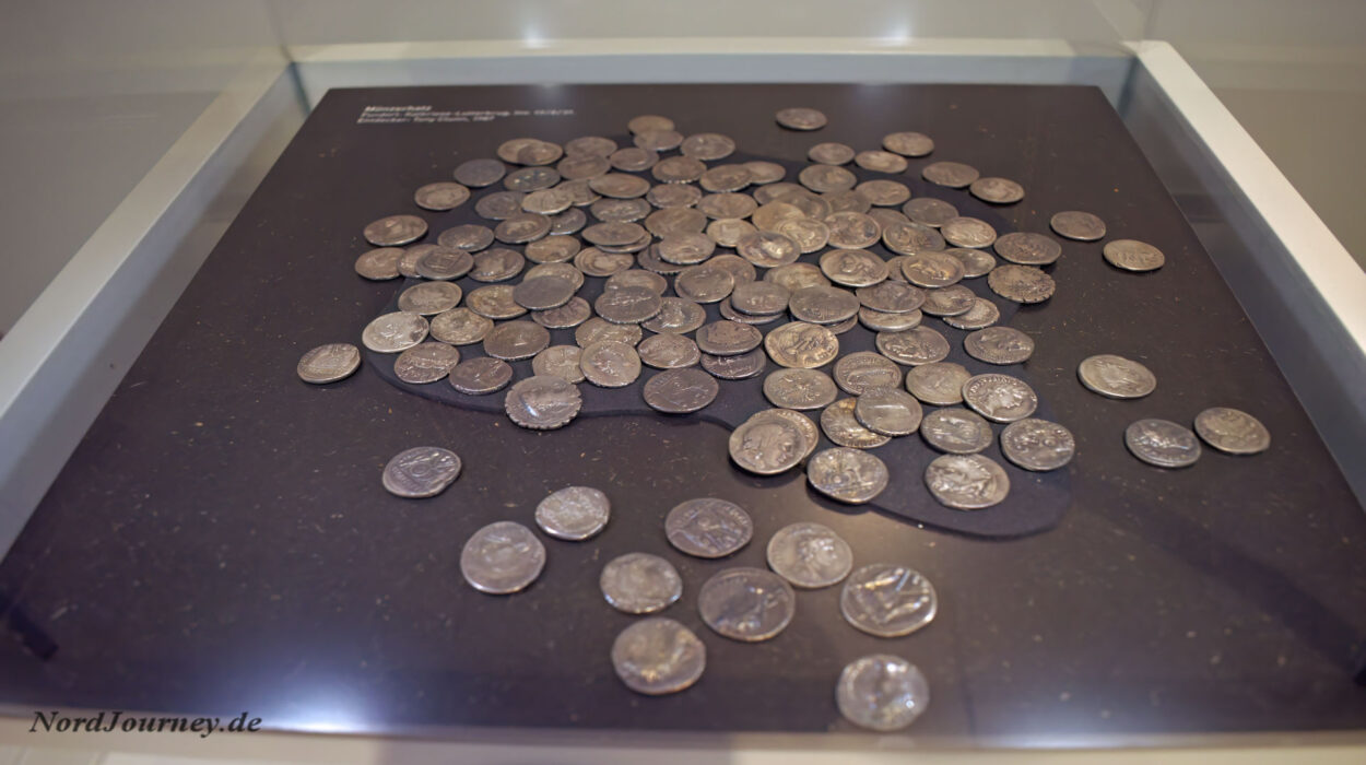 Eine Ausstellung von Silbermünzen in einer Vitrine.