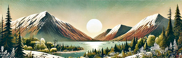 Illustration einer Berglandschaft mit zwei schneebedeckten Gipfeln, die einen See flankieren, unter einer hellen Sonne und einem klaren Himmel. Bäume und Büsche säumen das Ufer im Vordergrund.