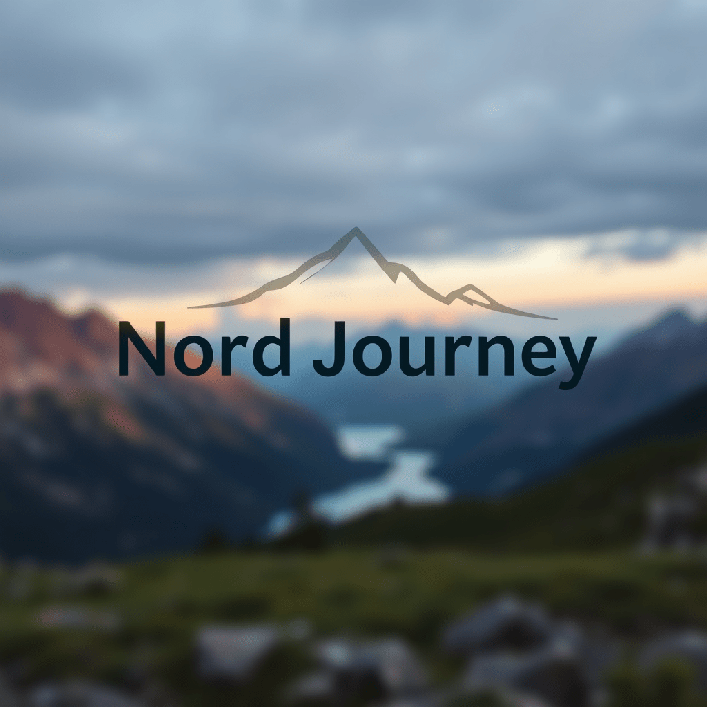 Verschwommene Landschaft mit Bergen und einem Fluss unter einem bewölkten Himmel mit dem Text „Nord Journey“ und einer einfachen Berggrafik-Overlay.