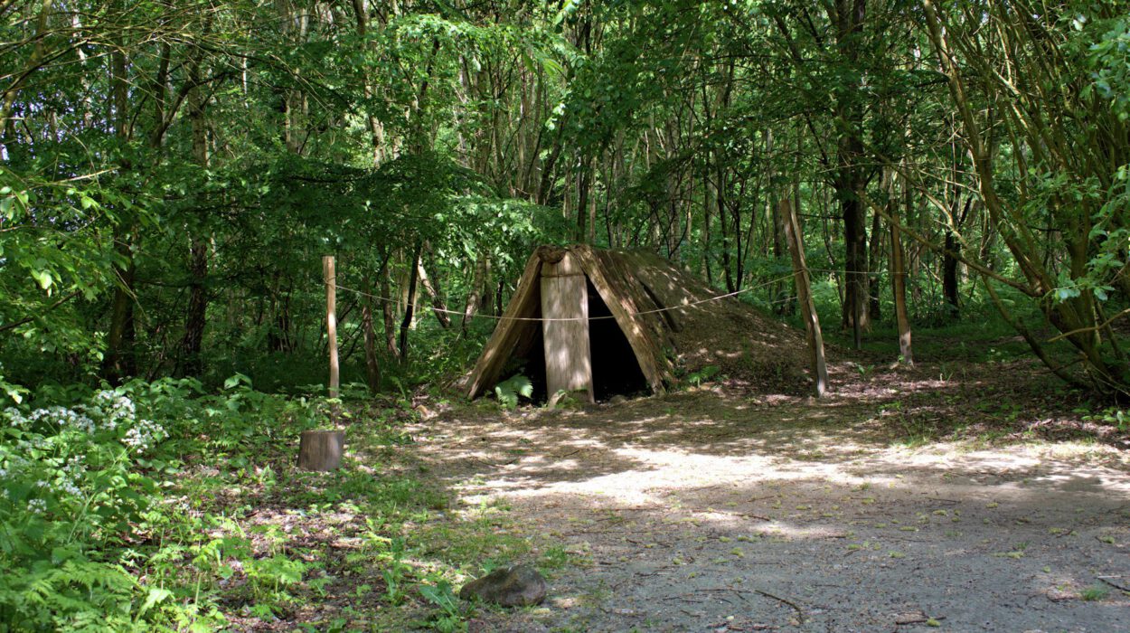 Eine kleine, dreieckige Holzhütte in einem Waldgebiet, durch deren Bäume Sonnenlicht fällt. Ein Weg führt zur Hütte, die von Grünpflanzen und Holzpfosten umgeben ist, die durch ein Seil verbunden sind.