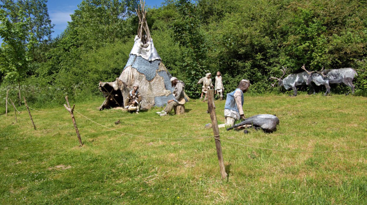 Outdoor-Diorama, das eine historische Szene mit Skulpturen von Menschen in der Nähe eines Tipis darstellt, von denen einige einer Aktivität nachgehen, mit Rentieren und Grünpflanzen im Hintergrund.