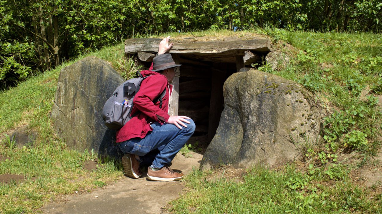 Eine Person mit Rucksack und Hut hockt am Eingang eines kleinen, mit Steinen ausgekleideten unterirdischen Bauwerks, das von Gras und Vegetation umgeben ist.