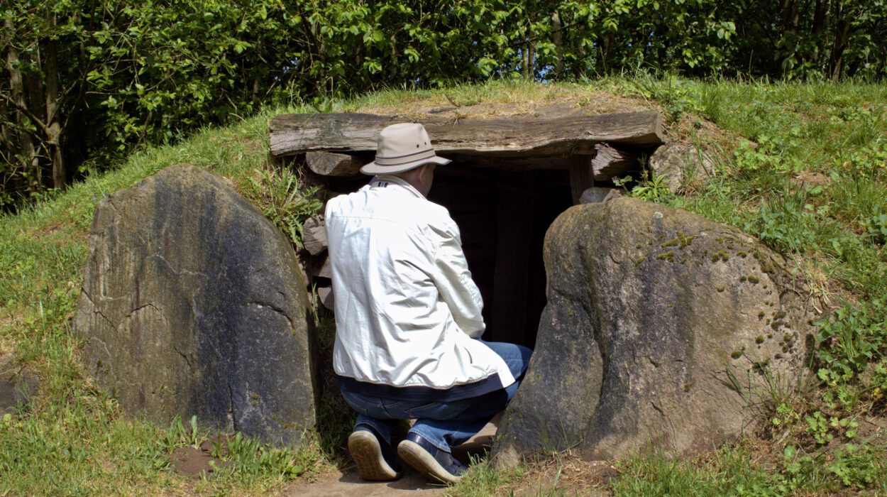 Eine Person mit leichter Jacke und Hut kniet am Eingang einer kleinen, rustikalen, in den Boden gebauten Steinstruktur.