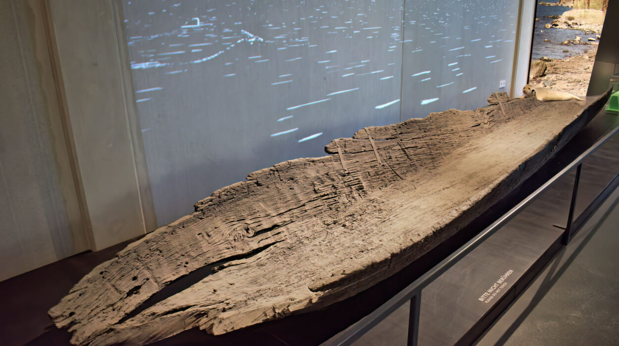 Ein altes Holzboot wird in einem Museum ausgestellt. Im Hintergrund läuft auf einem digitalen Bildschirm eine entsprechende visuelle Präsentation.