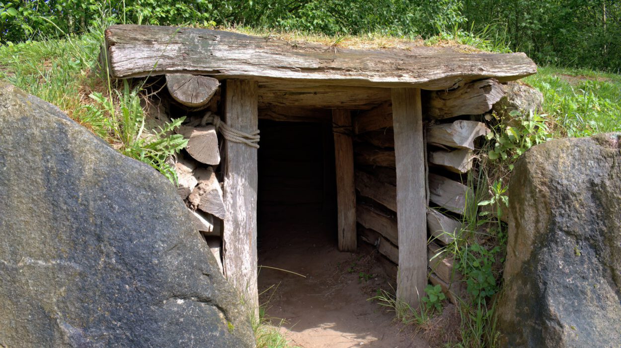 Ein kleines hölzernes Eingangsgebäude, flankiert von großen Steinen und teilweise mit Gras bedeckt, führt in einen Tunnel oder Unterstand in einer natürlichen, grünen Umgebung.