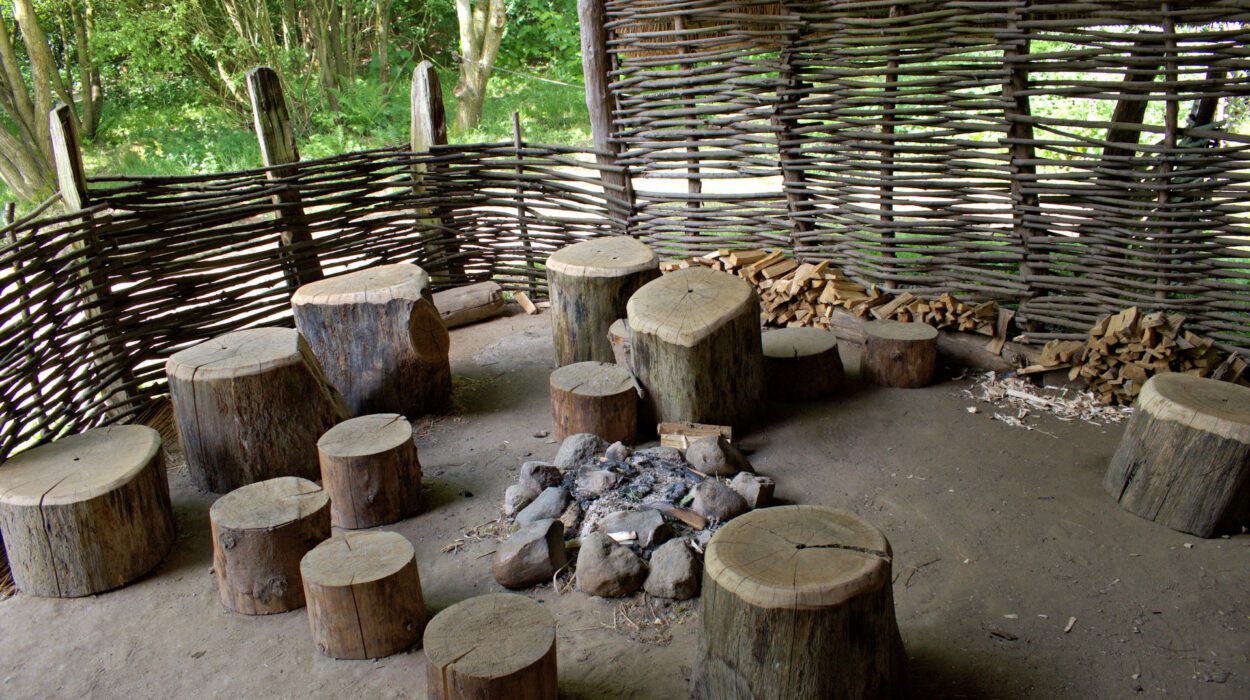 Ein Sitzbereich im Freien mit mehreren Holzstümpfen, die um eine zentrale Feuerstelle angeordnet sind, umgeben von einem geflochtenen Holzzaun, in einer Ecke ist Brennholz gestapelt.