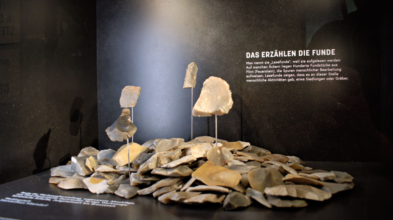 Eine Sammlung antiker Steinwerkzeuge, ausgestellt auf einer schwarzen Plattform, begleitet von einer Informationstafel in deutscher Sprache. Die Werkzeuge variieren in Größe und Form und sind jeweils auf dünnen Metallständern montiert.