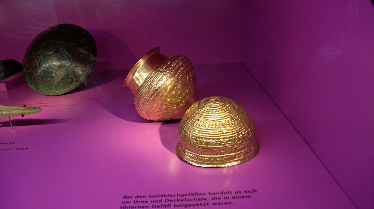 Zwei goldene, kuppelförmige Artefakte auf magentafarbenem Hintergrund. Ein Schild auf Deutsch erklärt, dass es sich bei diesen Objekten um 3.000 Jahre alte Urnen und Deckel handelt. Im Hintergrund steht „NordJourney.de“.