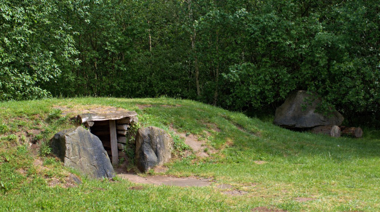 Ein alter Steineingang, teilweise von Gras bedeckt, umgeben von dichten grünen Bäumen. Rechts ist ein großer Stein zu sehen. In der unteren linken Ecke ist „NordKunst.de“ zu sehen.