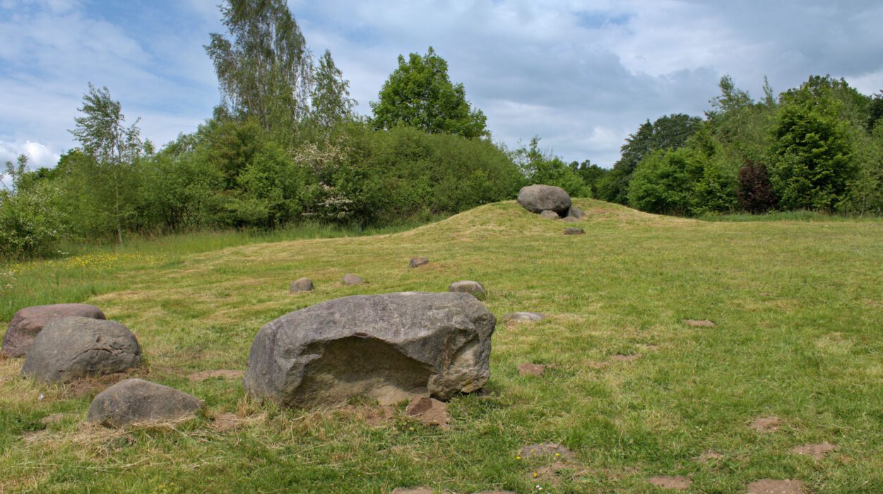 Eine Graslandschaft mit mehreren großen Felsbrocken, die auf einem offenen Feld verstreut sind, umgeben von Bäumen und einem klaren Himmel.
