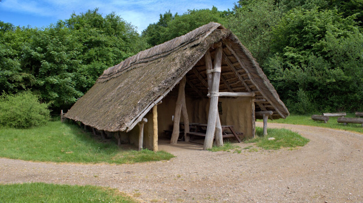In einem grasbewachsenen Waldgebiet steht eine rustikale Hütte mit Strohdach und Holzstützen. Zu ihr führt ein Feldweg.