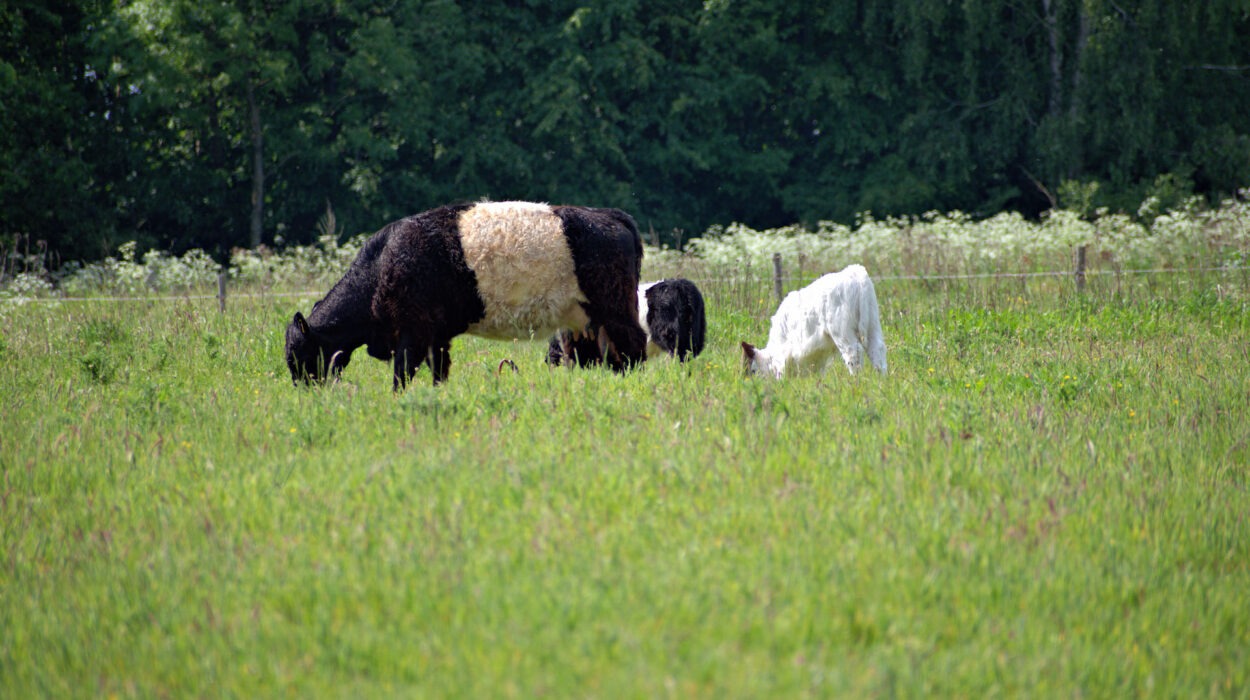 Drei Belted Galloway-Kühe grasen auf einer Wiese mit Bäumen im Hintergrund. Die Kühe haben ein markantes weißes Band um die Mitte.