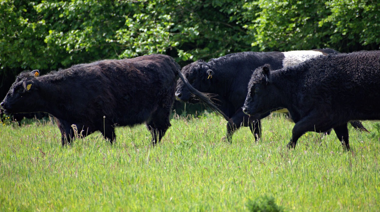 Drei schwarze Kühe grasen auf einer Wiese vor einem Hintergrund aus grünen Bäumen. Eine Kuh hat einen weißen Fleck auf dem Rücken.