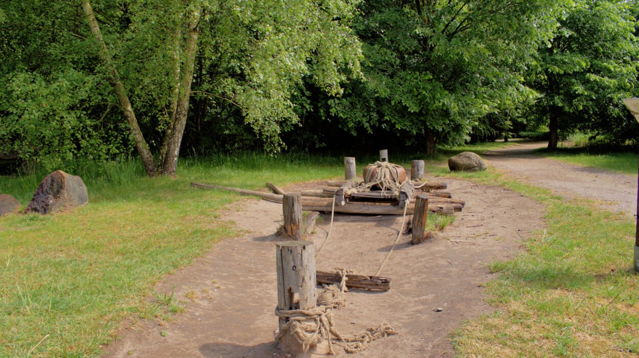 Eine Holzkonstruktion mit Seilen und Rollen steht auf einem Feldweg, umgeben von Grün. Im Hintergrund sind Bäume und Büsche zu sehen.