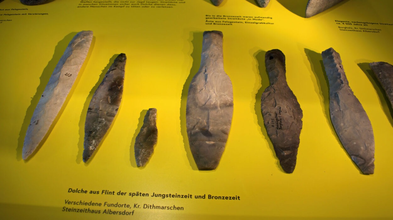 Eine Ausstellung von sieben antiken Feuerstein- und Bronzedolchen auf gelbem Hintergrund in der Ausstellung im Steinzeithaus Albersdorf.
