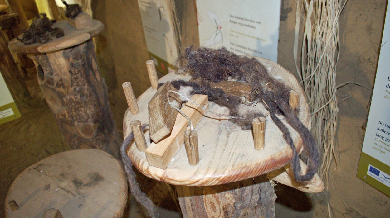 Eine Ausstellung alter Holzwerkzeuge und Rohmaterialien, die in der traditionellen Handwerkskunst verwendet wurden. Die Werkzeuge sind auf runden Holzplattformen mit Spindeln positioniert, die dunkles Fasermaterial halten.