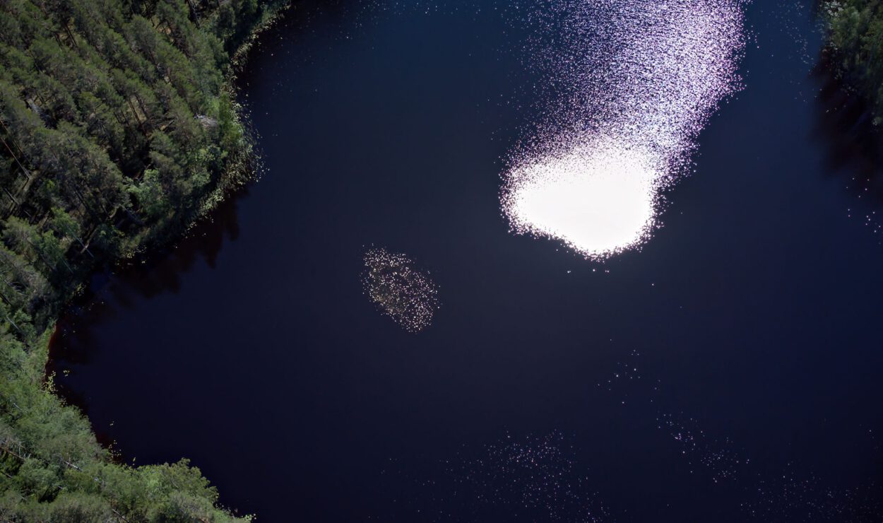 Luftaufnahme eines dunkelblauen Sees, umgeben von dichtem grünen Wald, dessen Wasseroberfläche das Sonnenlicht hell reflektiert.