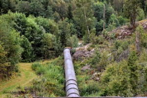 Ein großes Metallrohr verläuft durch ein dichtes, grünes Waldgebiet und erstreckt sich bis zu einem felsigen Hügel.