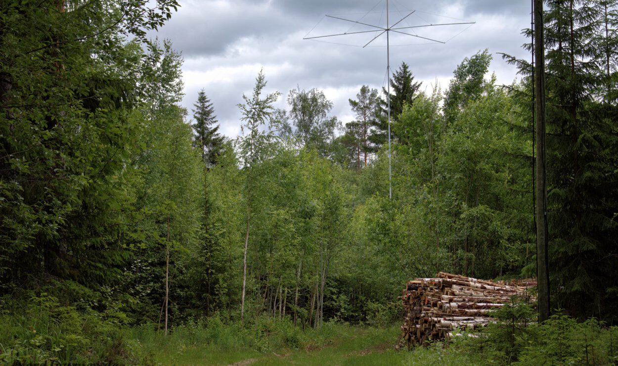 Eine große Radioantenne steht in einem üppigen grünen Wald, in der Nähe ist unter einem bewölkten Himmel ein Stapel gestapelter Baumstämme.