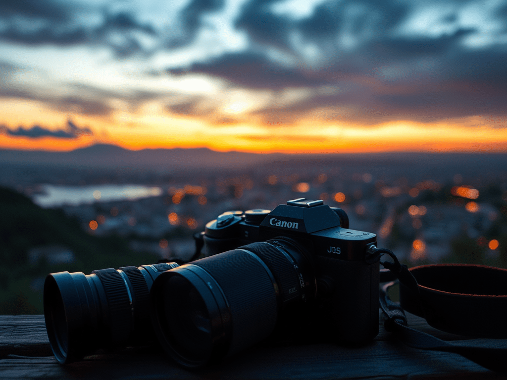 Eine Canon-Kamera mit Zoomobjektiv steht auf einer Holzoberfläche und fängt die Essenz der Fotografie mit ihrer verschwommenen Stadtlandschaft und dem farbenfrohen Sonnenuntergang im Hintergrund ein. Sie bietet endlose kreative Ressourcen für alle, die die Schönheit jeder Reise einfangen möchten.