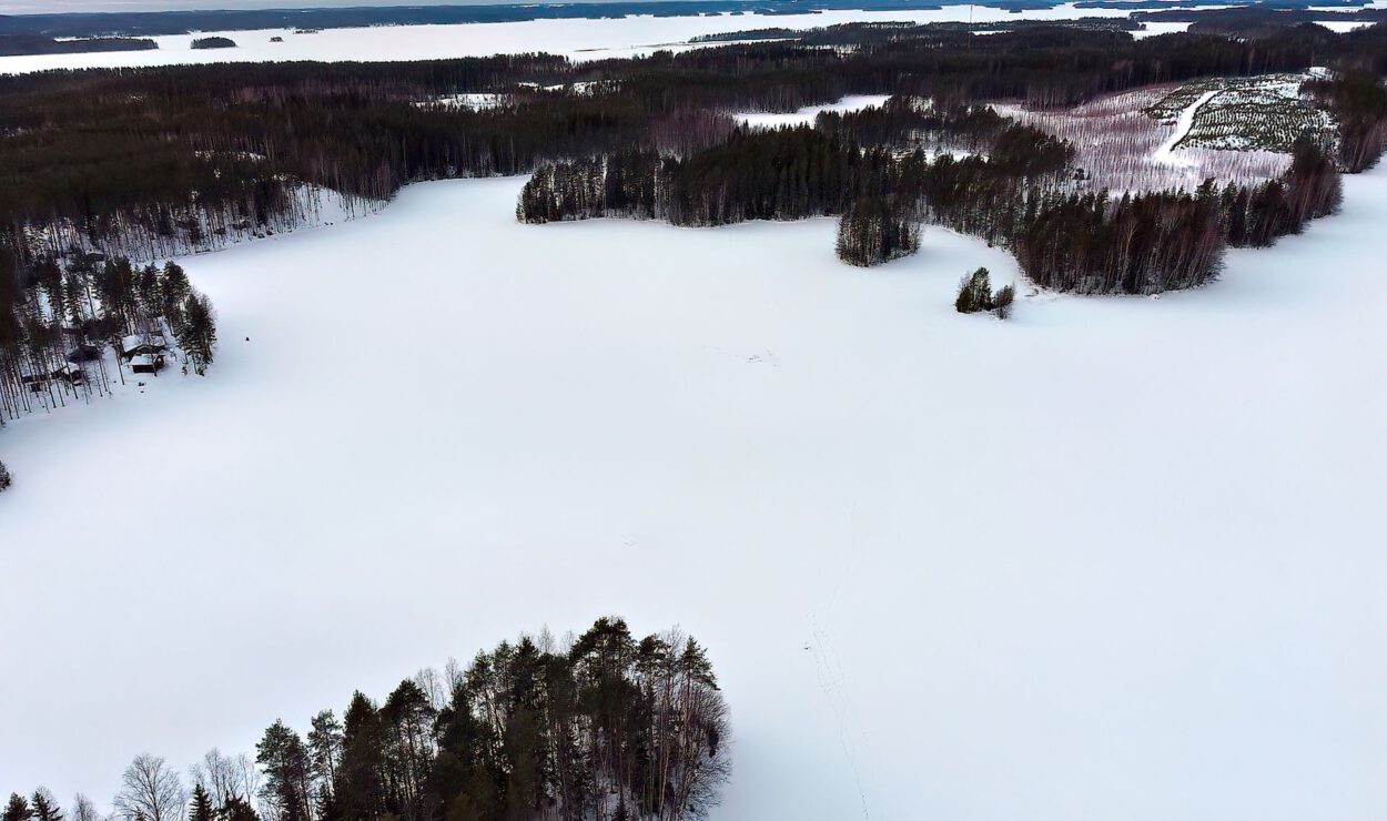 Luftaufnahme einer verschneiten Landschaft mit vereinzelten Baumgruppen und einem zugefrorenen See im Hintergrund unter einem bewölkten Himmel.