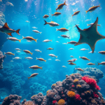 Eine lebendige Unterwasserszene mit verschiedenen Fischen, die um farbenprächtige Korallenriffe schwimmen, beleuchtet vom Sonnenlicht, das durch das klare blaue Wasser fällt.