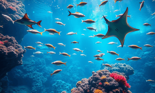 Eine lebendige Unterwasserszene mit verschiedenen Fischen, die um farbenprächtige Korallenriffe schwimmen, beleuchtet vom Sonnenlicht, das durch das klare blaue Wasser fällt.