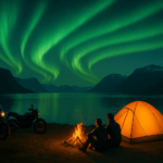 Zwei Personen sitzen an einem Lagerfeuer in der Nähe eines orangefarbenen Zelts und Motorrädern und blicken auf einen See und Berge, während Káris leuchtend grüne Aurora Borealis über ihnen am Nachthimmel tanzt und für unvergessliche Reisen sorgt.