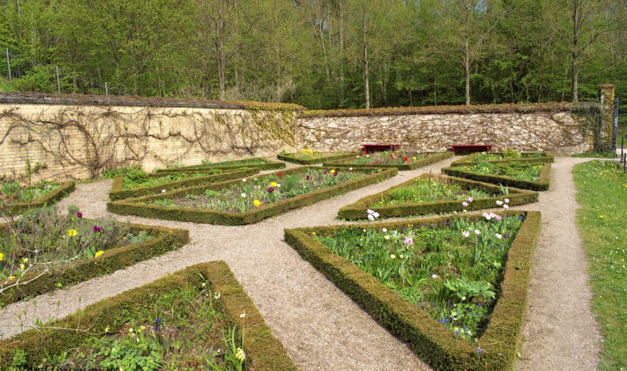 Ein formaler Garten mit geometrischen Blumenbeeten, die von niedrigen Hecken, Kieswegen und einer Steinmauer im Hintergrund mit Bänken und Bäumen dahinter begrenzt werden.