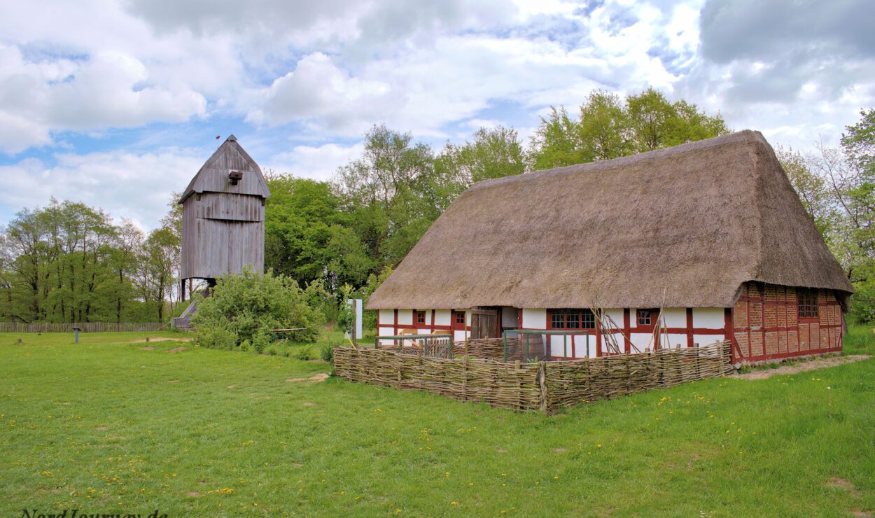 Ein traditionelles Reetdachhaus mit Holzzaun steht neben einer hohen hölzernen Windmühle, umgeben von grünem Gras und Bäumen unter einem teilweise bewölkten Himmel.