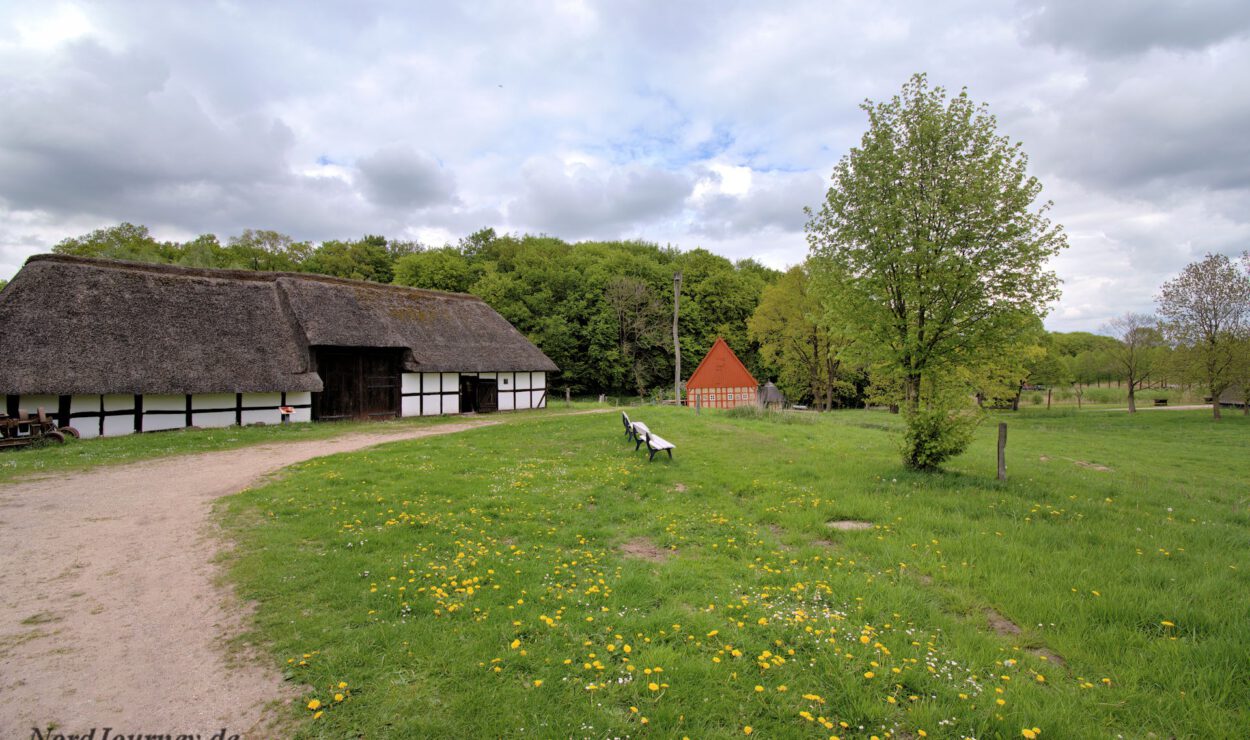 Ein Bauernhaus mit Strohdach und eine rote Scheune stehen zwischen grünem Gras und vereinzelten Bäumen unter einem größtenteils bewölkten Himmel. Im Vordergrund sind Bänke und Löwenzahn zu sehen.