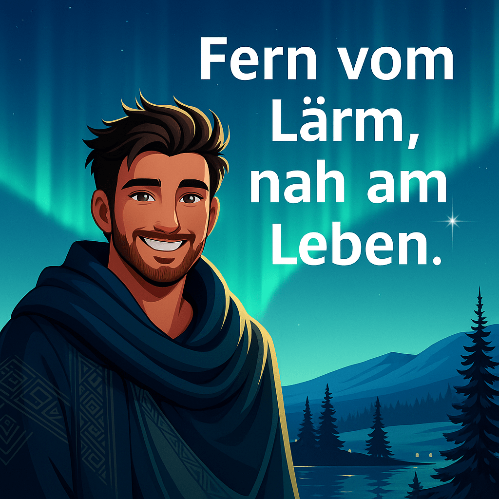 Ein lächelnder Mann in einem dunklen Mantel steht bei Nacht im Freien, mit Nordlicht am Himmel und bewaldeten Bergen im Hintergrund. Der Text auf Deutsch lautet: "Fern vom Lärm, nah am Leben.