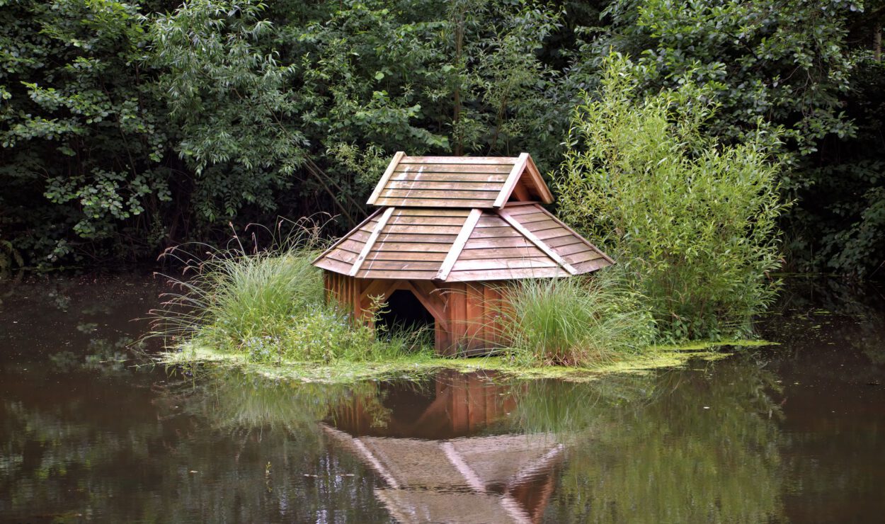 Ein kleines Holzhaus, das teilweise in einen Teich eingetaucht ist, umgeben von grüner Vegetation, die sich im Wasser spiegelt.