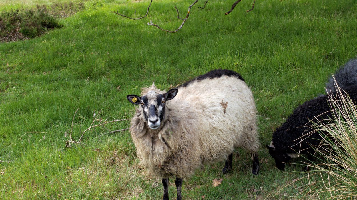 Ein Schaf mit einem dicken Wollmantel steht auf grünem Gras und schaut in die Kamera. Ein anderes Schaf grast in der Nähe, teilweise außerhalb des Blickfelds.