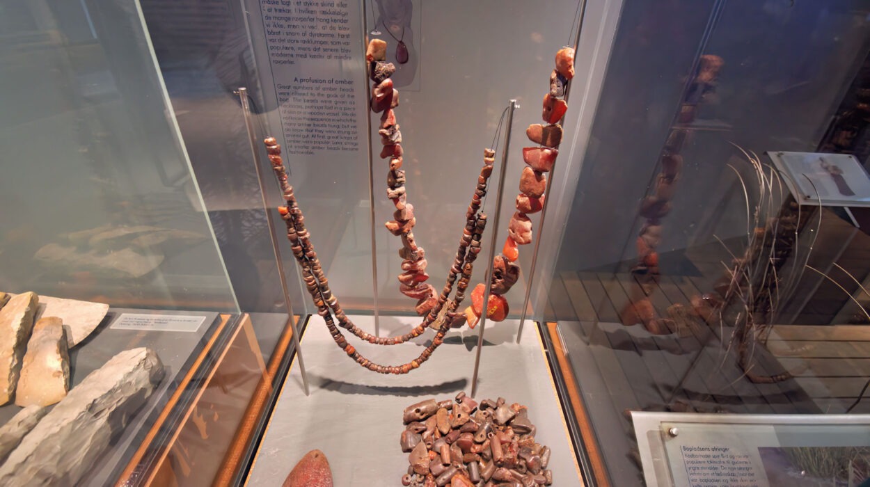 Vitrine mit rötlich-braunen Steinperlen und losen Perlen sowie einem länglichen Objekt, alles in einem musealen Rahmen.