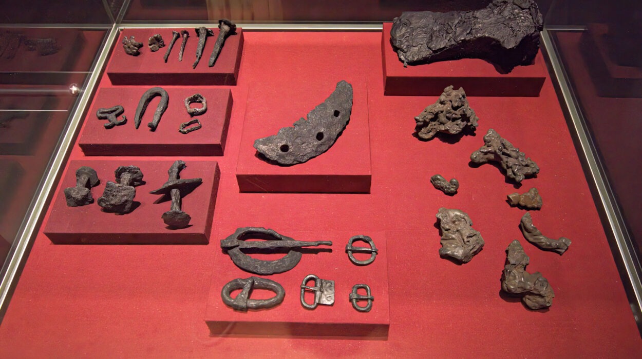 Verschiedene Metallartefakte, darunter Hufeisen, Schnallen und unregelmäßige Fragmente, sind auf einer roten Fläche in einer gläsernen Museumsvitrine ausgestellt.