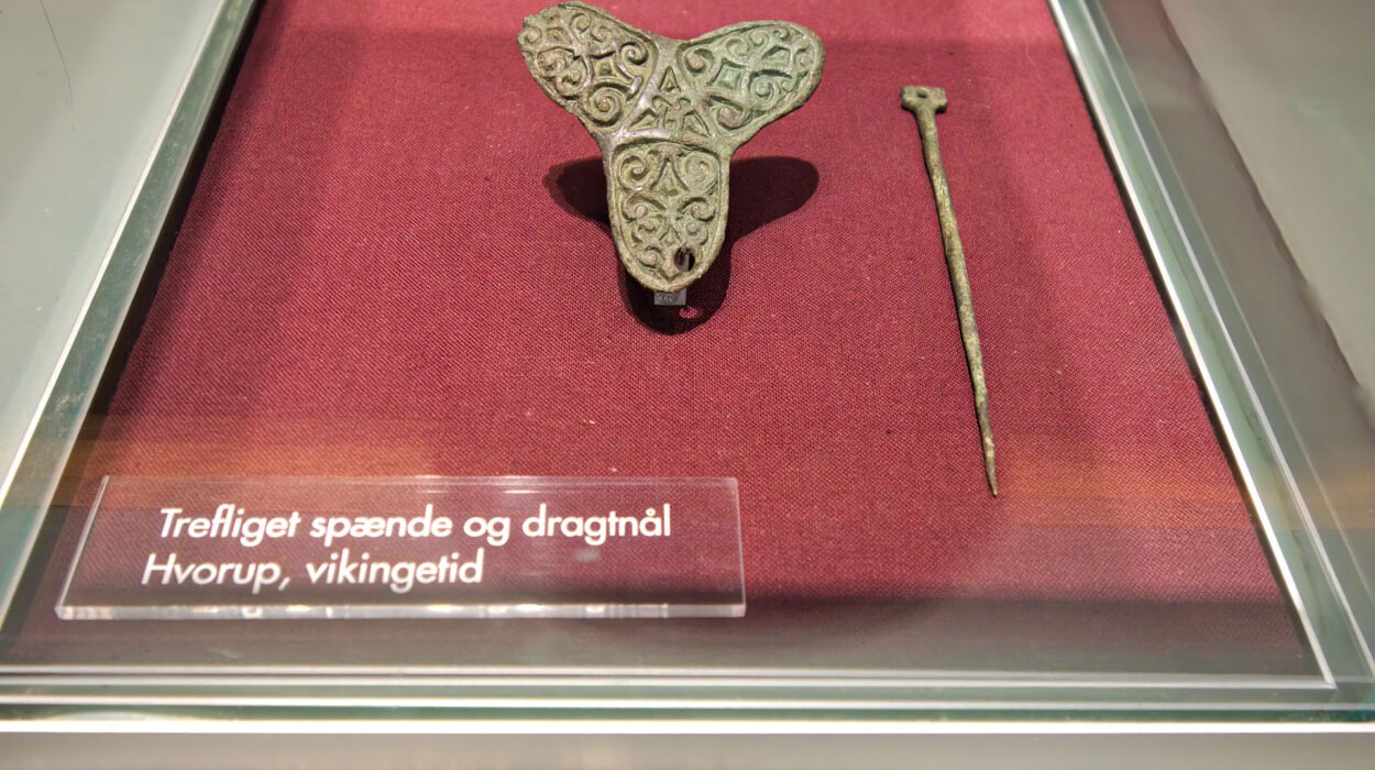 Eine dreieckige Brosche aus der Wikingerzeit mit verschnörkelten Motiven und einer einfachen Metallnadel, ausgestellt auf einer kastanienbraunen Oberfläche in einem Museumskoffer.