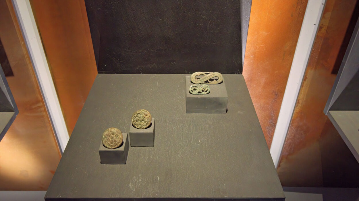 Drei antike Metallartefakte, darunter zwei runde Broschen und ein längliches Stück, werden auf einzelnen Ständern in einer Museumsausstellung präsentiert.