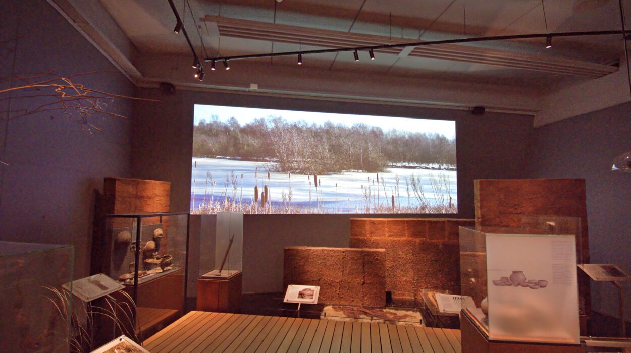Ausstellungsraum des Museums mit Vitrinen und Informationstafeln, auf denen ein großes projiziertes Bild einer Schneelandschaft mit Bäumen und einem zugefrorenen Gewässer zu sehen ist.