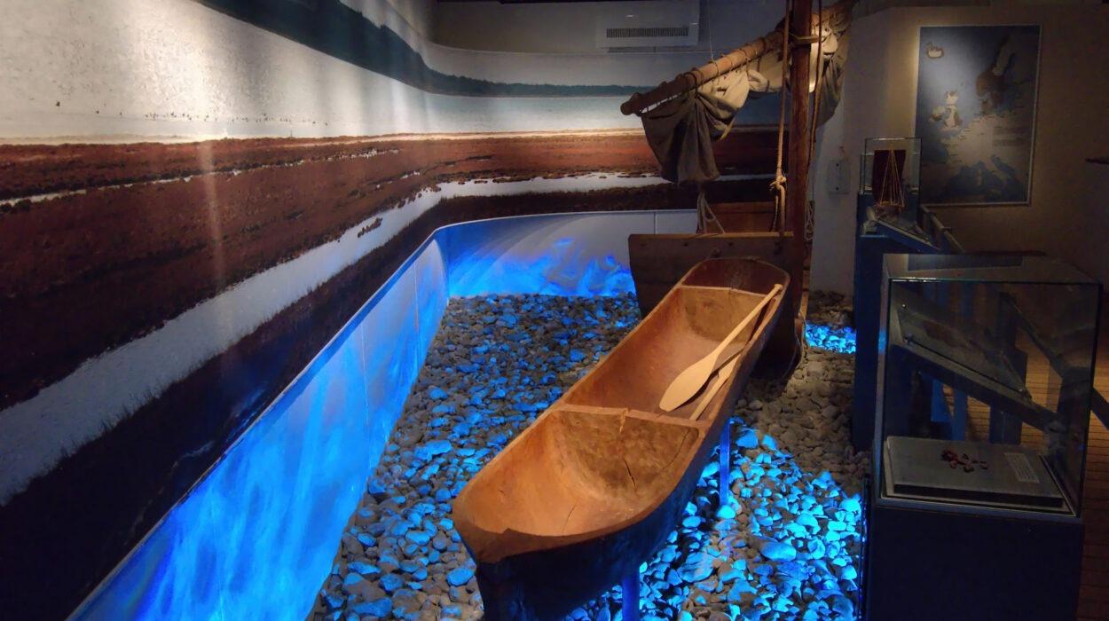 Ein hölzernes Kanu liegt auf einem blau beleuchteten Steinbett, umgeben von Museumsexponaten und einem großen Wandgemälde, das ein Flussufer darstellt.