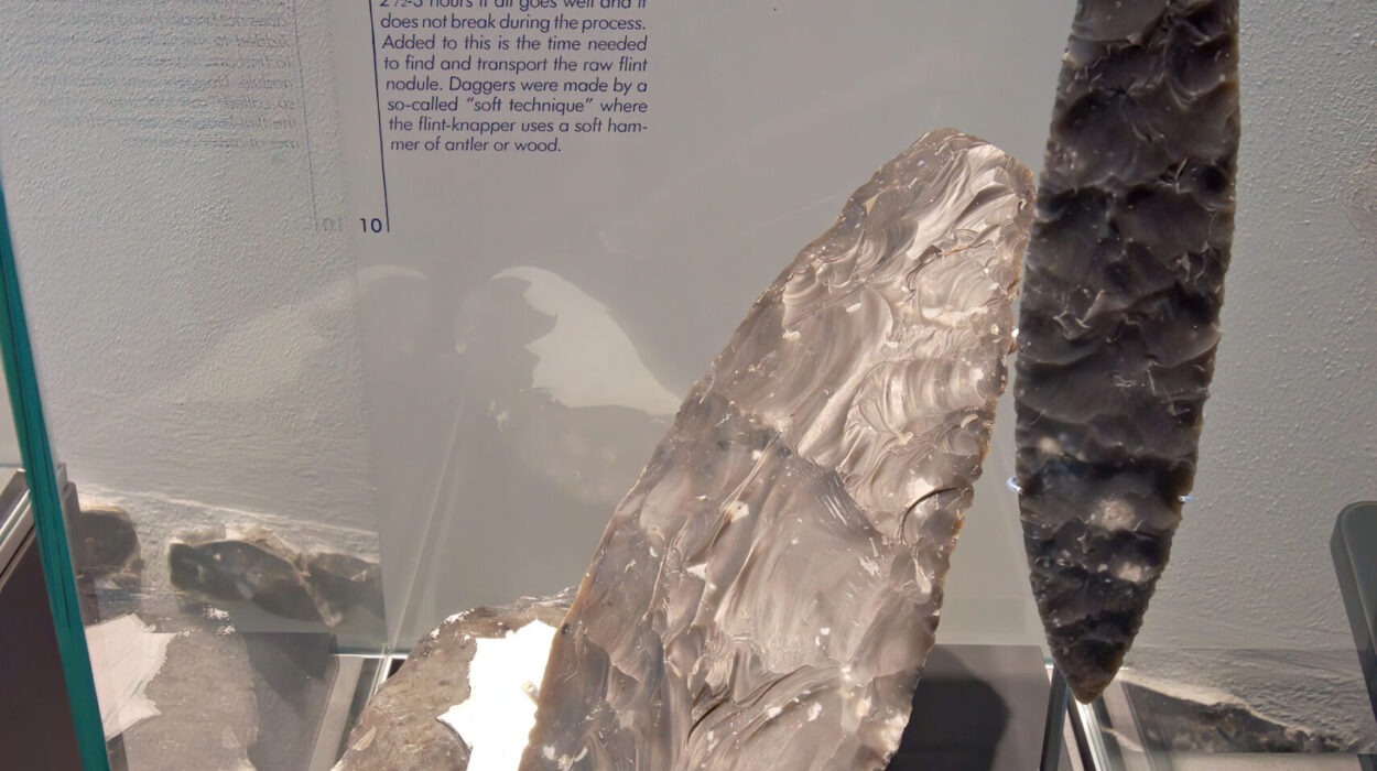 Zwei große Dolche aus Feuerstein sind aufrecht in einer Glasvitrine ausgestellt, mit einer Informationstafel, die ihre Herstellung beschreibt, und einem Foto von Händen, die ein ähnliches Werkzeug herstellen.