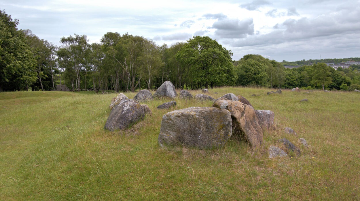 Große, verwitterte Steine sind in einer Formation auf einem grasbewachsenen Feld mit Bäumen und bewölktem Himmel im Hintergrund angeordnet.
