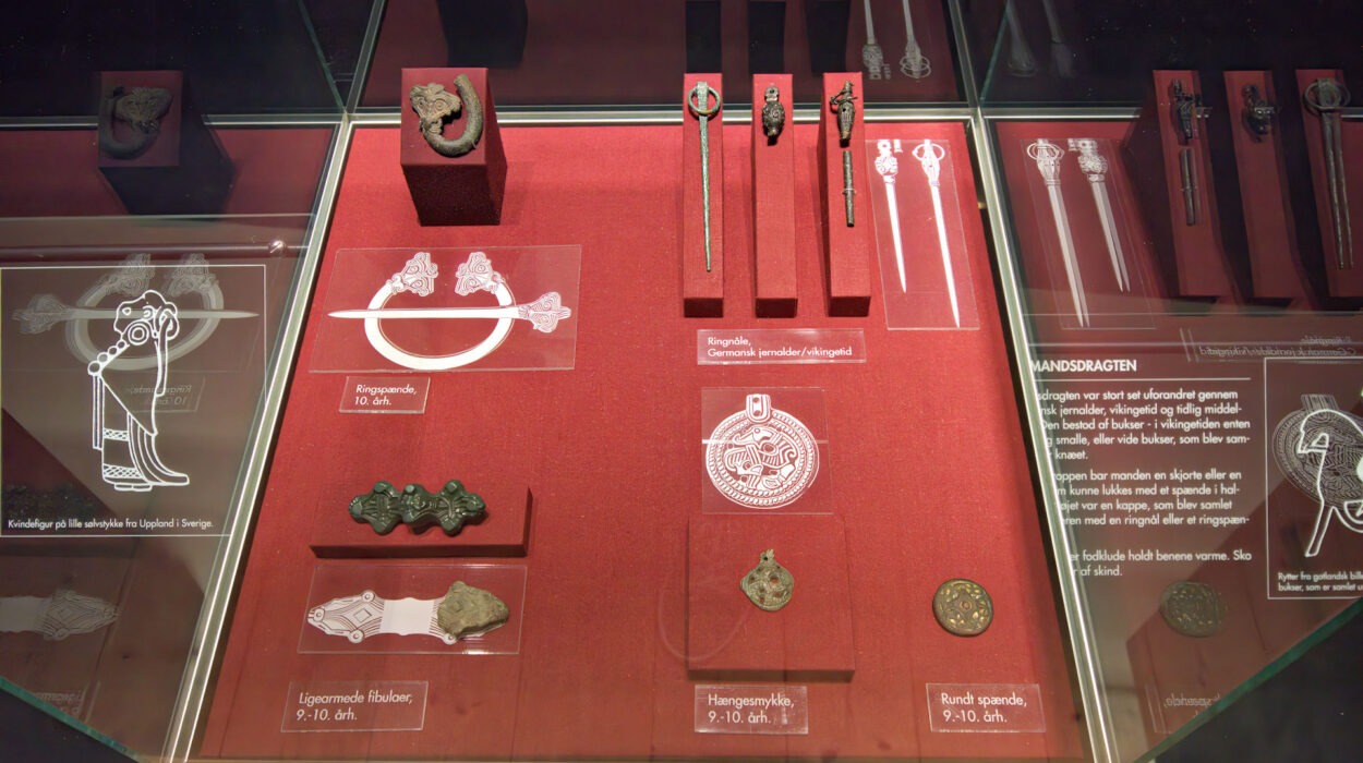 Eine Museumsvitrine mit verschiedenen Broschen, Anstecknadeln und Metallgegenständen aus der Wikingerzeit, die jeweils mit einem beschreibenden Text auf rotem Hintergrund versehen sind.