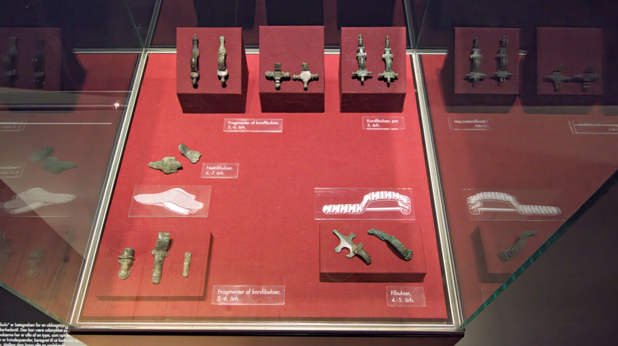 Eine Museumsvitrine mit antiken Metallartefakten, darunter Fibeln und Fragmente, die auf einem roten Hintergrund mit beschreibenden Etiketten angeordnet sind.