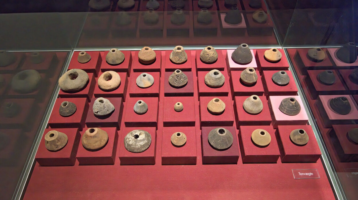 Eine Vitrine mit fünf Reihen antiker, runder Töpferwaren, jede mit einem Loch in der Mitte, angeordnet auf roten Samtplattformen in einer Museumsausstellung.