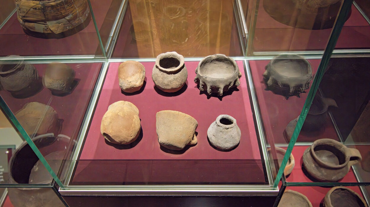 Eine Vitrine enthält mehrere antike Keramikgefäße und -fragmente, die auf kastanienbraunem Stoff in einem Museumsexponat angeordnet sind.